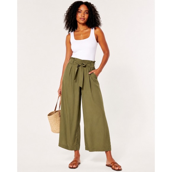Calligraphie Pants - Calligraphie Olive Lyocell Wide Leg Crop Pants Paperbag Tie Waist Size
Safari M